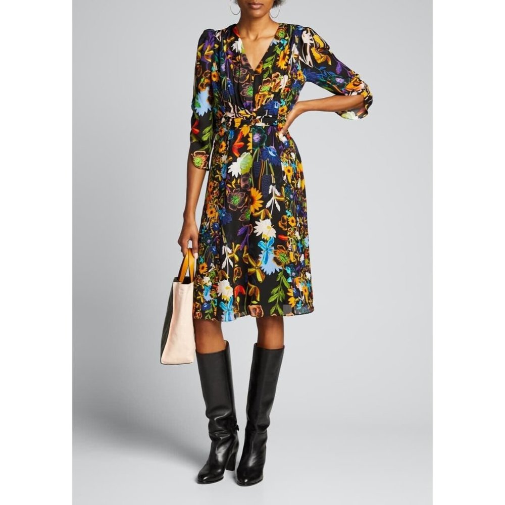 Kobi Halperin Kailyn Floral V-Neck Silk Blend 3/4-Sleeve Dress Women Size Large